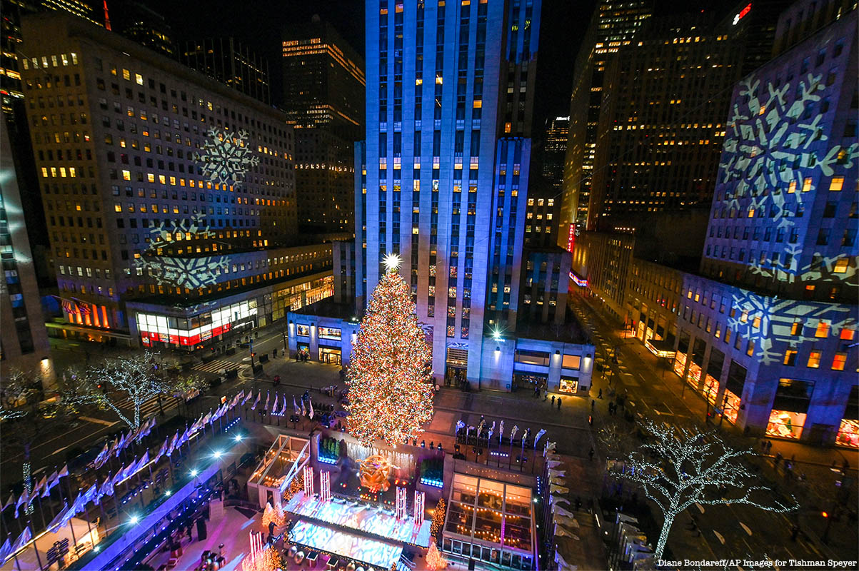 Aerial view Rockefeller Center Christmas Tree
