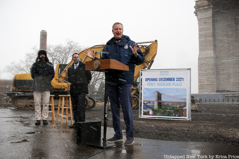 Mayor Bill de Blasio at Emily Roebling Plaza groundbreaking