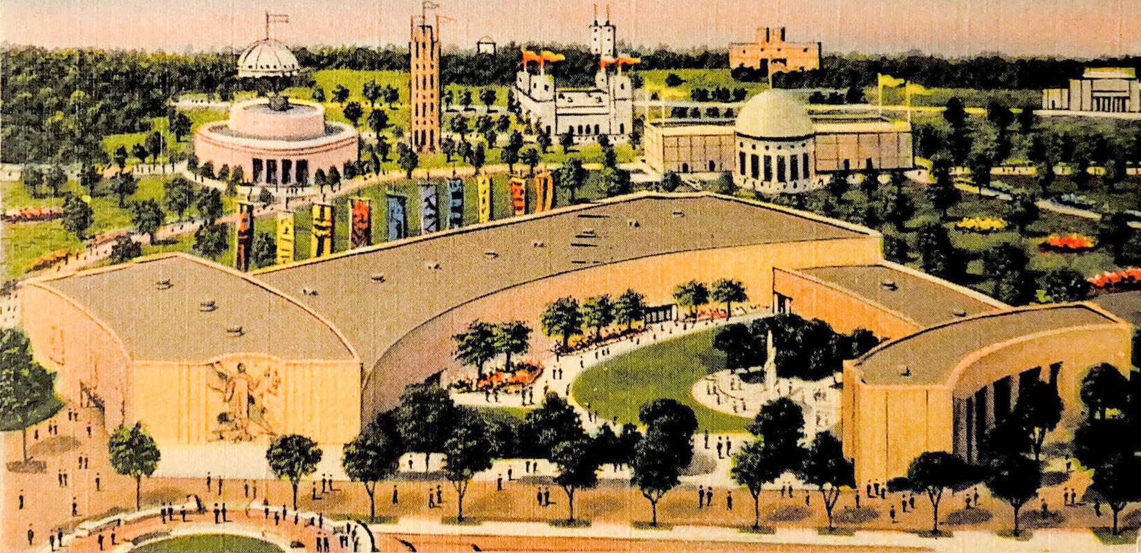 A vintage postcard map of the NYC World's Fair