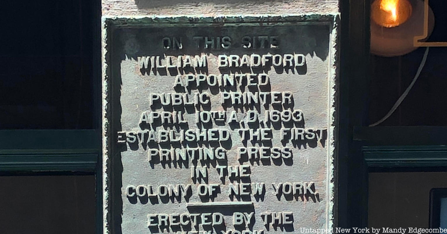 Plaque marking the site of NYC's first printing press