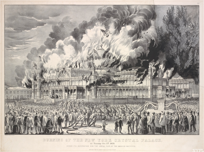 A sketch of the Crystal Palace on fire