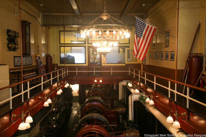Pratt Institute steam engine power plant with chandelier and flag