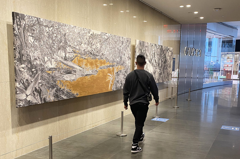 Monochromatic artwork with gold paint added by Tatiana Arocha at Brookfield Place