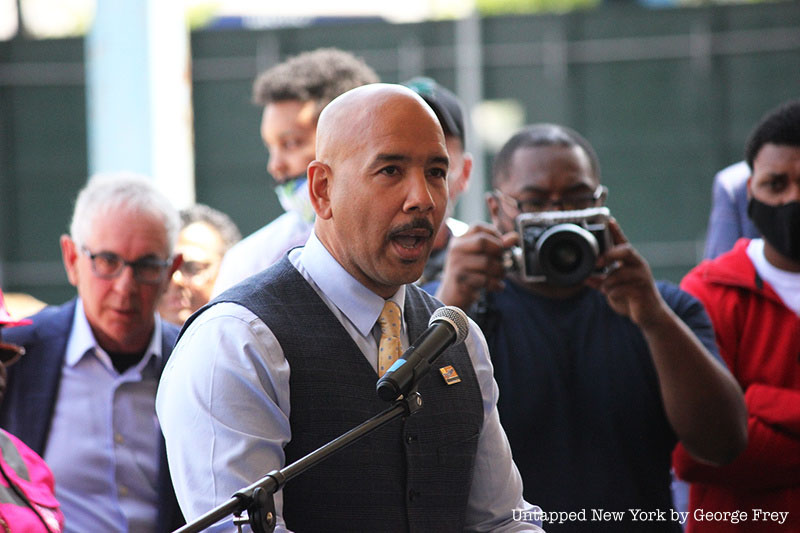 Bronx Borough President Rubén Diaz Jr., speaks to a crowd of both hip hop stars and citizens at the groundbreaking ceremony on Thursday May 20, 2021. 
