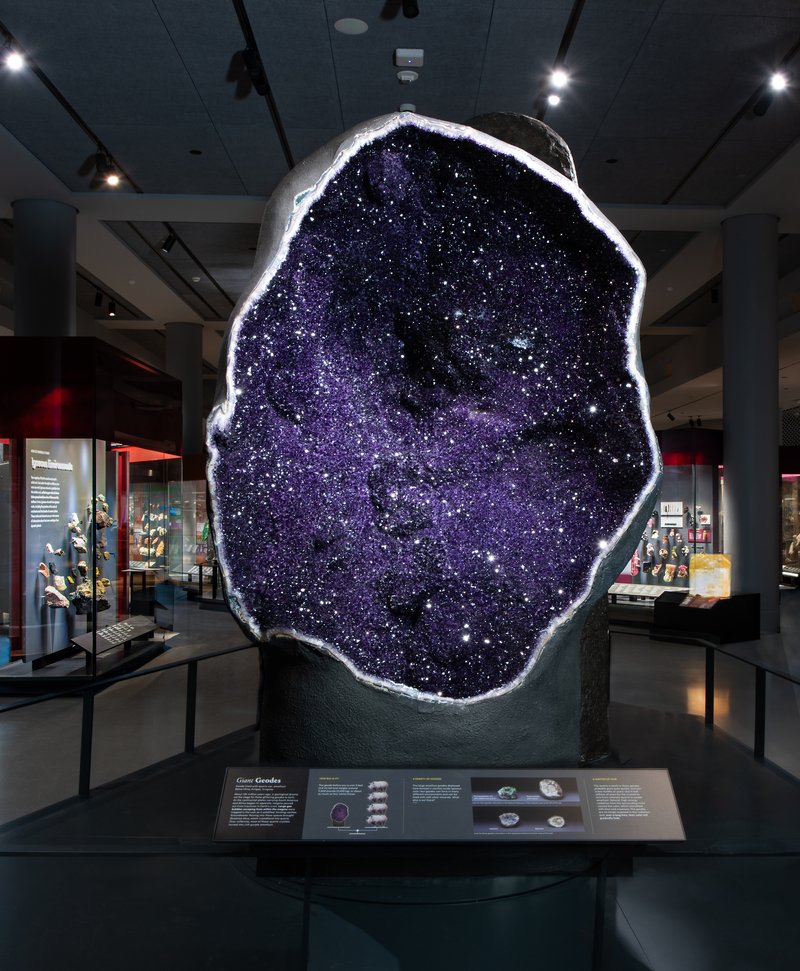 Amethyst geode collected from the Bolsa Mine in Uruguay, On display in the Mignone Halls of Gems and Minerals, Courtesy American Museum of Natural History