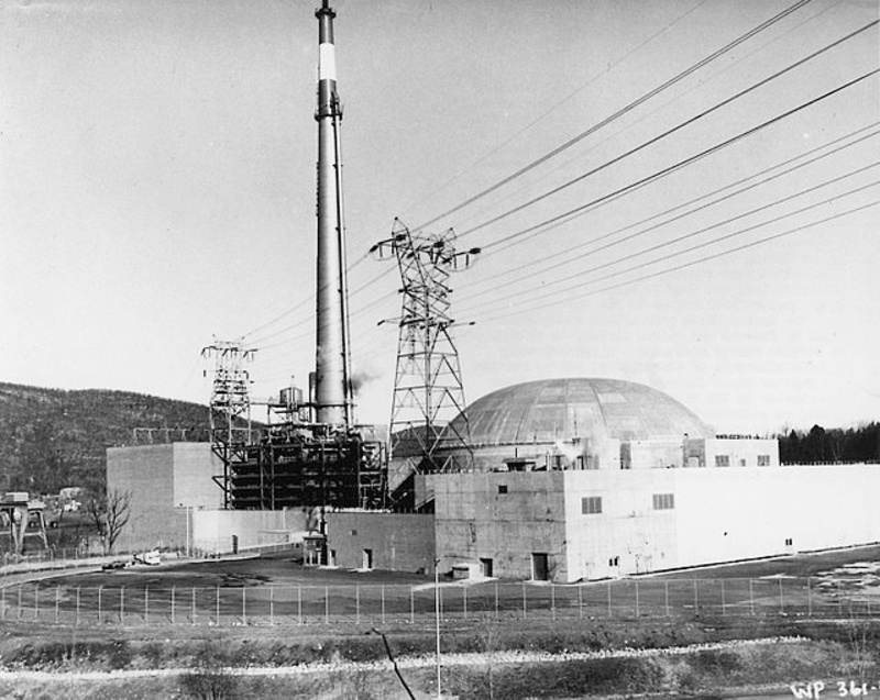 Side view of the Indian Point Nuclear Power Plant circa 1963, Courtesy Wikimedia Commons