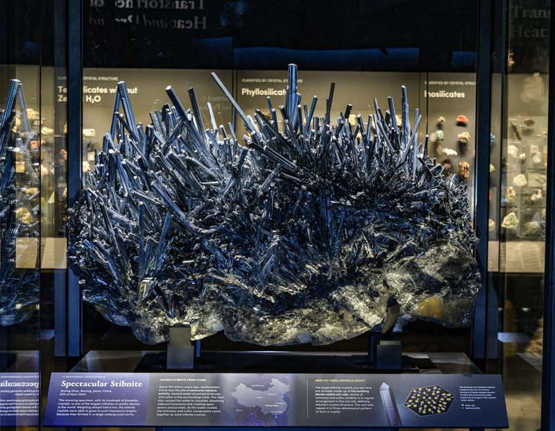 Stibnite in the Allison and Roberto Mignone Hall of Minerals at the American Museum of Natural History