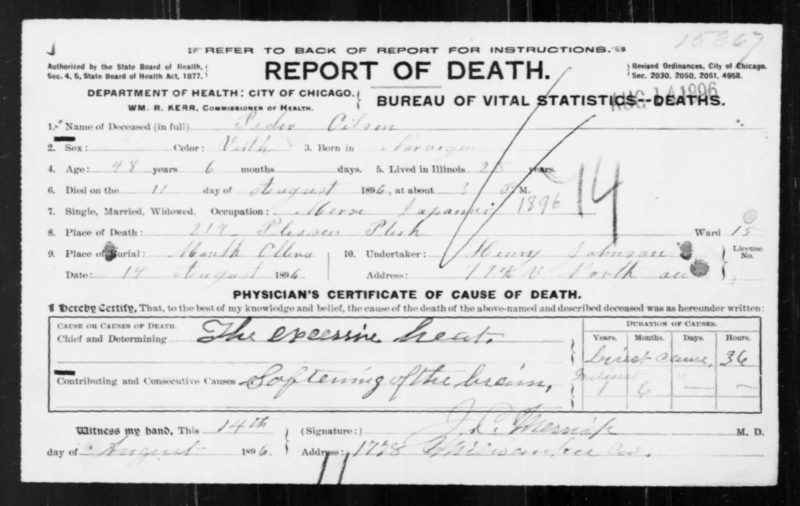 Death certificate of Peder Matthias Olsen (1849-1896), one of the many victims of the heat wave