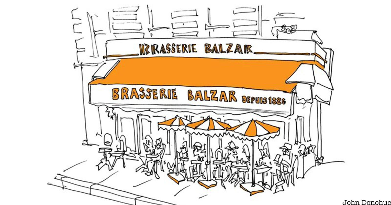 Drawing of Brasserie Balzar by John Donohue