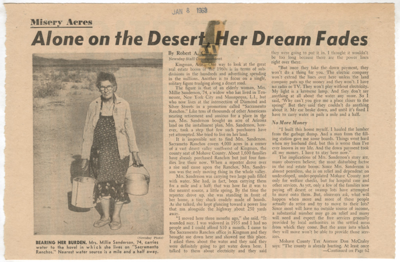 “Alone on the Desert, Her Dream Fades” Newsday, January 8, 1963. Courtesy of  Robert A. Caro Archive, Patricia D. Klingenstein Library, New-York Historical Society.