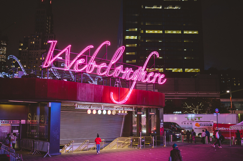 Tavares Strachan's pink neon sign "We Belong Here." Courtesy of The Joe And Clara Tsai Foundation's Social Justice Fund.
