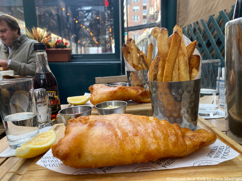 Fish n Chips served as part of Jones Wood Foundry's "Fish n Fizz" brunch special