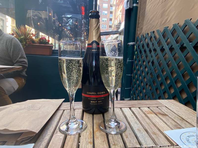 Chapel Down Brut sparkling wine served at Jones Wood Foundry for their "Fish n Fizz" brunch special.