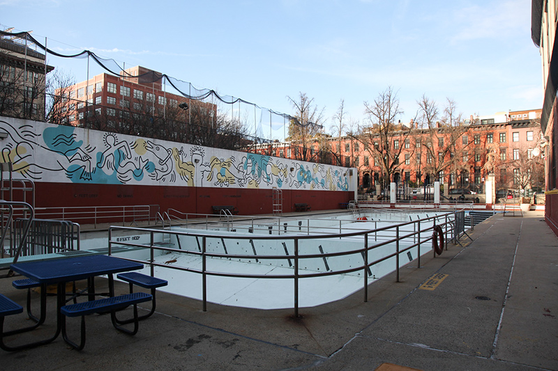 Tony Dapolito Recreation Center on Clarkson Street outdoor pool with keith haring murals