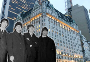 Beatles superimposed on an image of the Plaza Hotel