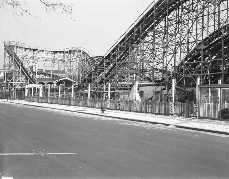 a roller coaster in Coney Island, 1940