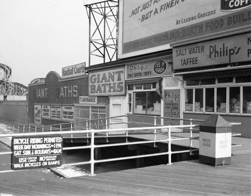 Giant Baths and Philip's Salt Water Taffee in Coney Island, 1940
