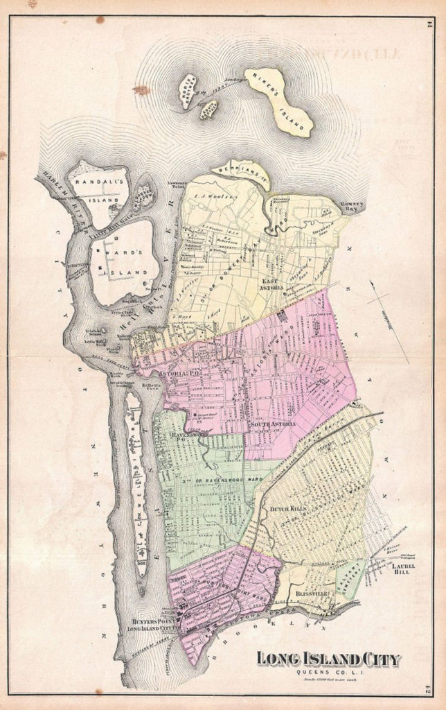1873 map of Long Island City featuring Sunswick Creek at the center draining into the East River. Photo courtesy of Atlas of Long Island, New York. From Recent Actual Surveys and Records Under the Superintendence of F. W. Beers (Wikimedia Commons).