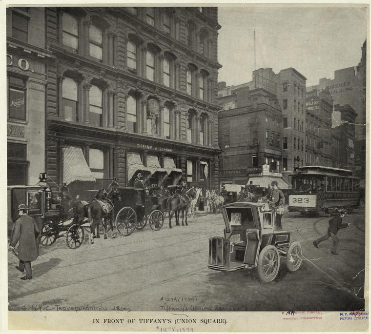 an old photograph of Union Square circa 1899, during the horse era