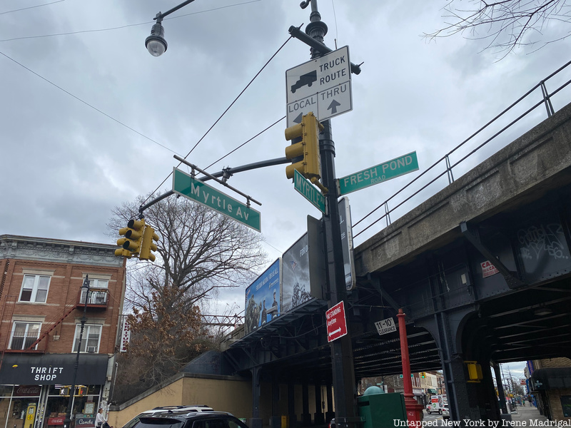 Intersection of Myrtle Avenue and Fresh Pond Road, which represents the street's start in Ridgewood. 