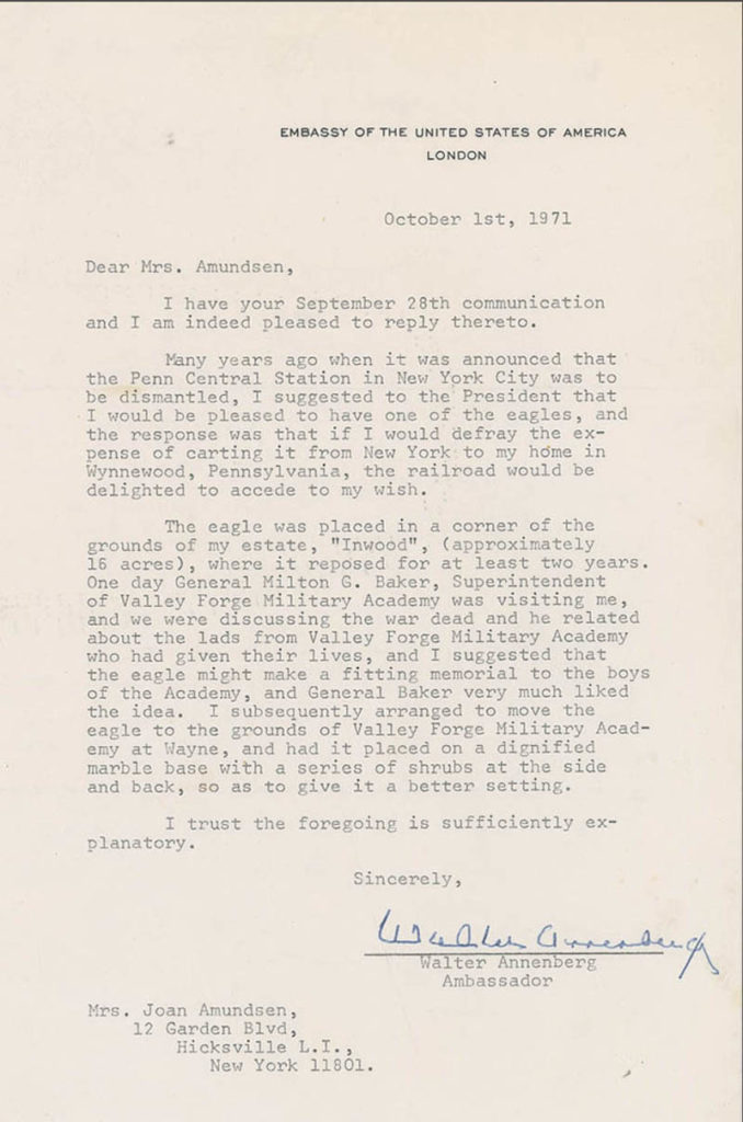 Letter from Ambassador Walter Annenberg