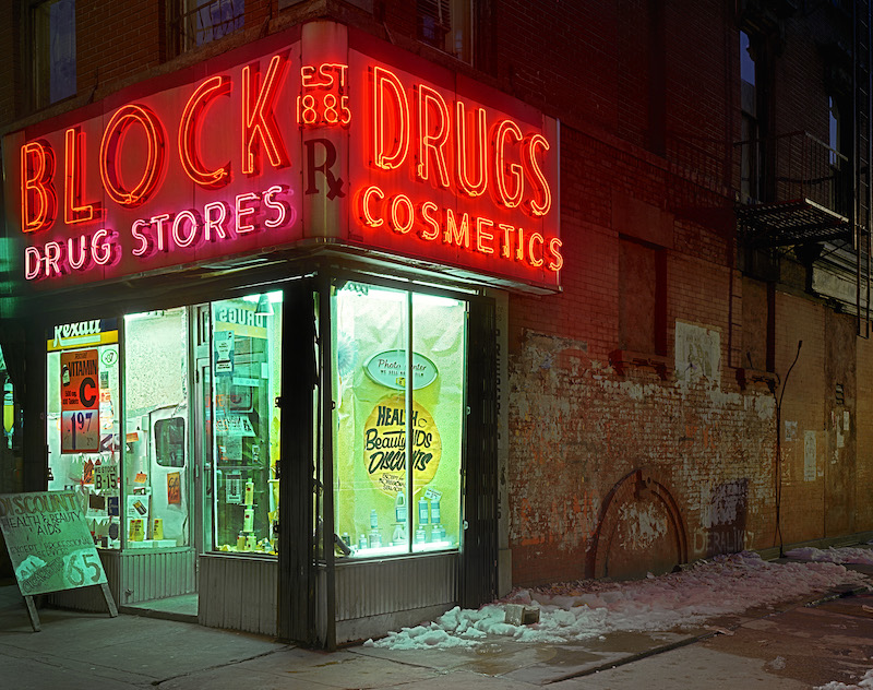 neon sign outside a drugstore in the Lower East Side 1980