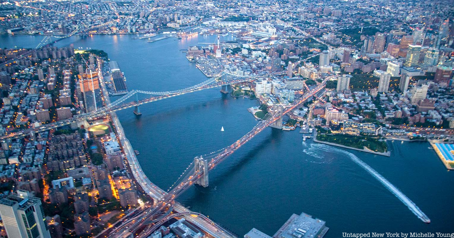 aerial photo of the East River and bridges
