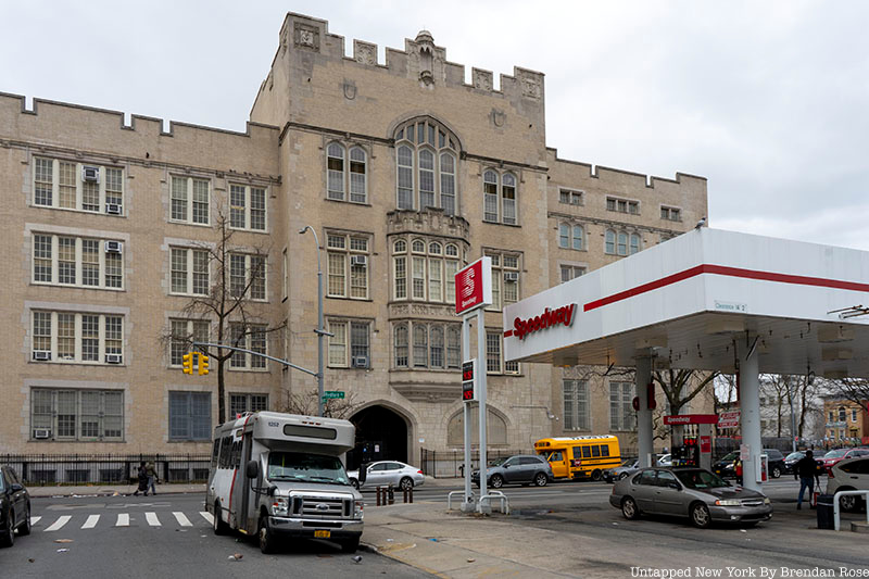 The back of Erasmus Hall, March 2022.
