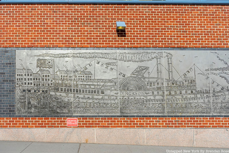 A large etched aluminum mural depicting the early New York City Harbor, April 2022.