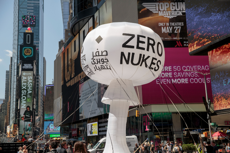 Mushroom cloud artwork titled ZERO NUKES by Pedro Reyes installed in Times Square.