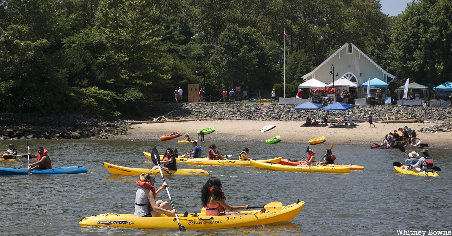 Kayakers on NYC waterfront beach