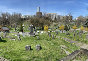 A wide view of tombstones and monuments at Jersey City and Harismus Cemetery