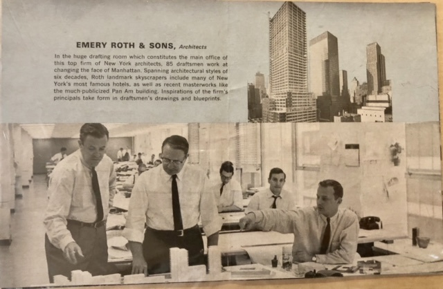Inside the Emery Roth and Sons office, a young Richard Roth Jr is pointing.