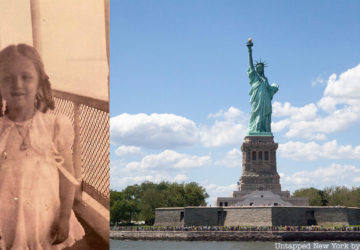 Carol Tuzzolo as a child and the Statue of Liberty