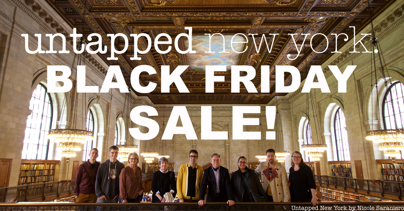 Insiders inside the NYPL. White letters on top of image say Untapped New York Black Friday Sale