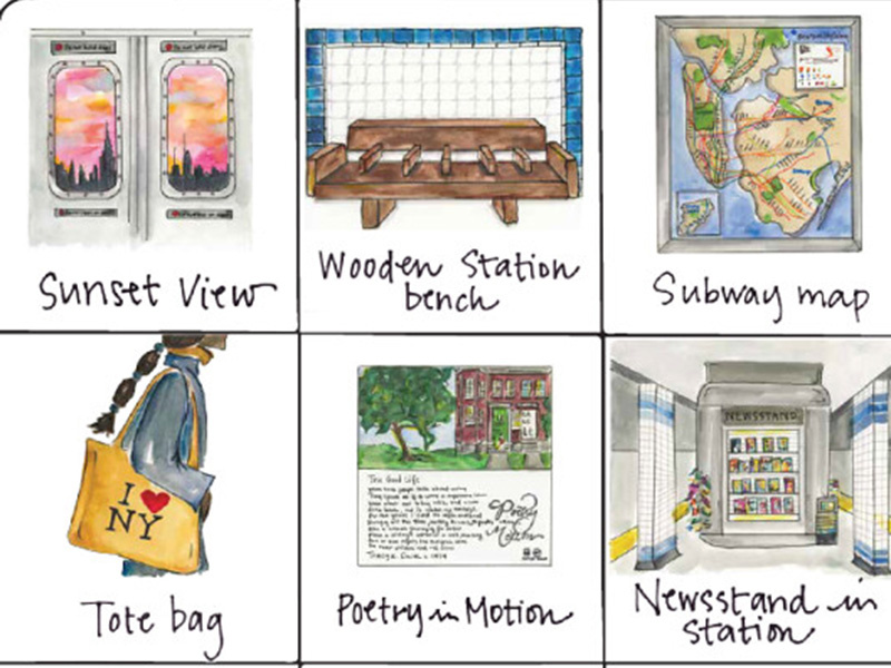Subway bingo squares featuring an I heart NY tote bag, a poetry in motion sign, a newstand, subway map, wooden bench and sunset view.