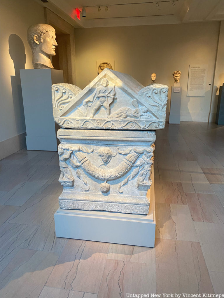 Side view of the very first item acquired by the Met, ancient Roman sarcophagus