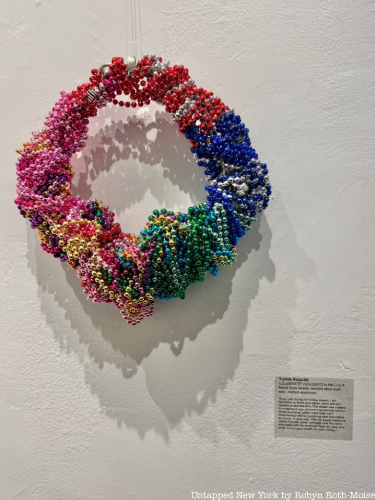 A wreath made out of Mardi-Gras beads