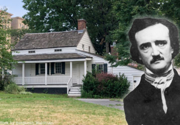 A portait of Edgar Allan Poe superimposed on top of an image of Poe Cottage