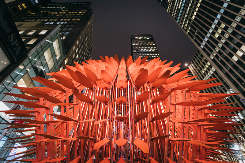 Looking up at the Living Lantern art installation in the Garment District