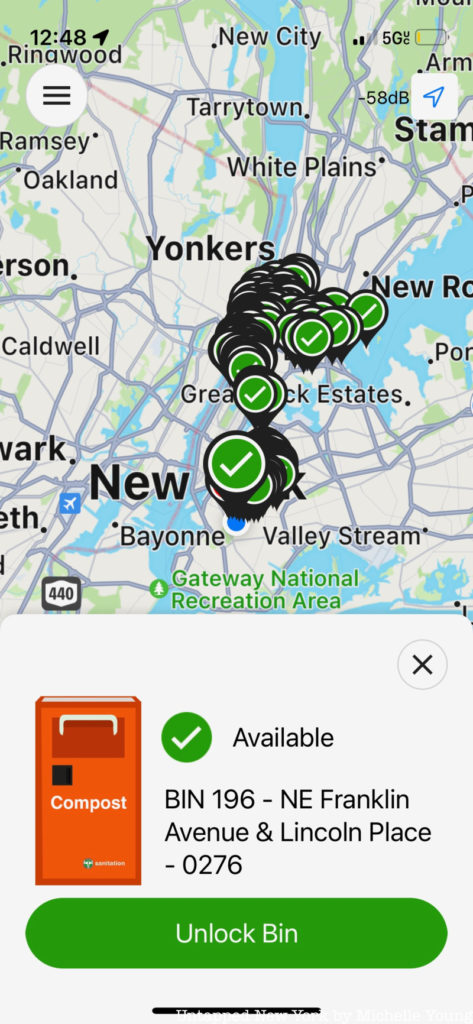 Screenshot showing locations of orange smart compost bins in NYC