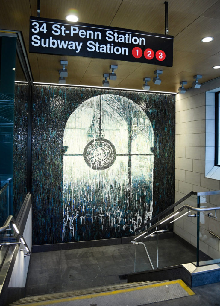 New mosaic in Penn Station that depicts a clock framed by an arched window
