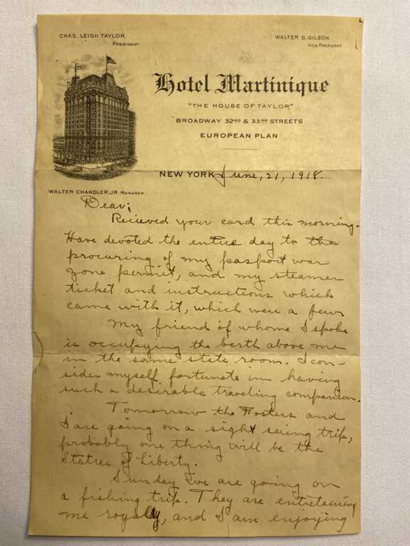 World War 1 era love letter written on Martinique Hotel stationary