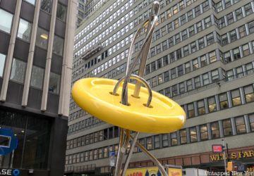 The new yellow Big Button sculpture in Manahattan's Garment District, NYC