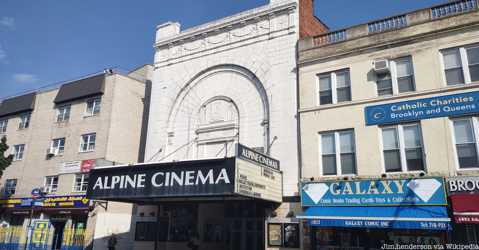 Front exterior and marquee of Alpine Cinemas in Bay Ridge Brooklyn