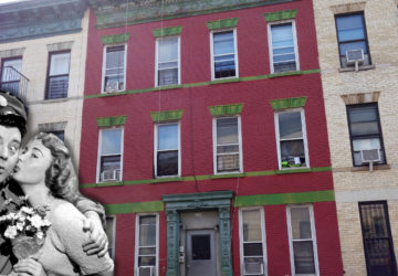 The Honeymooners House in Brooklyn with a photo of Jackie Gleason and Audrey Meadows superimposed above it