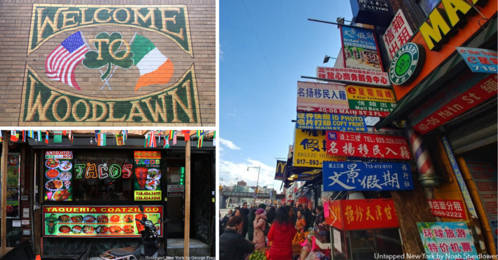 A collage of street and shop signs of different ethnic neighborhoods in NYC