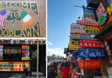A collage of street and shop signs of different ethnic neighborhoods in NYC