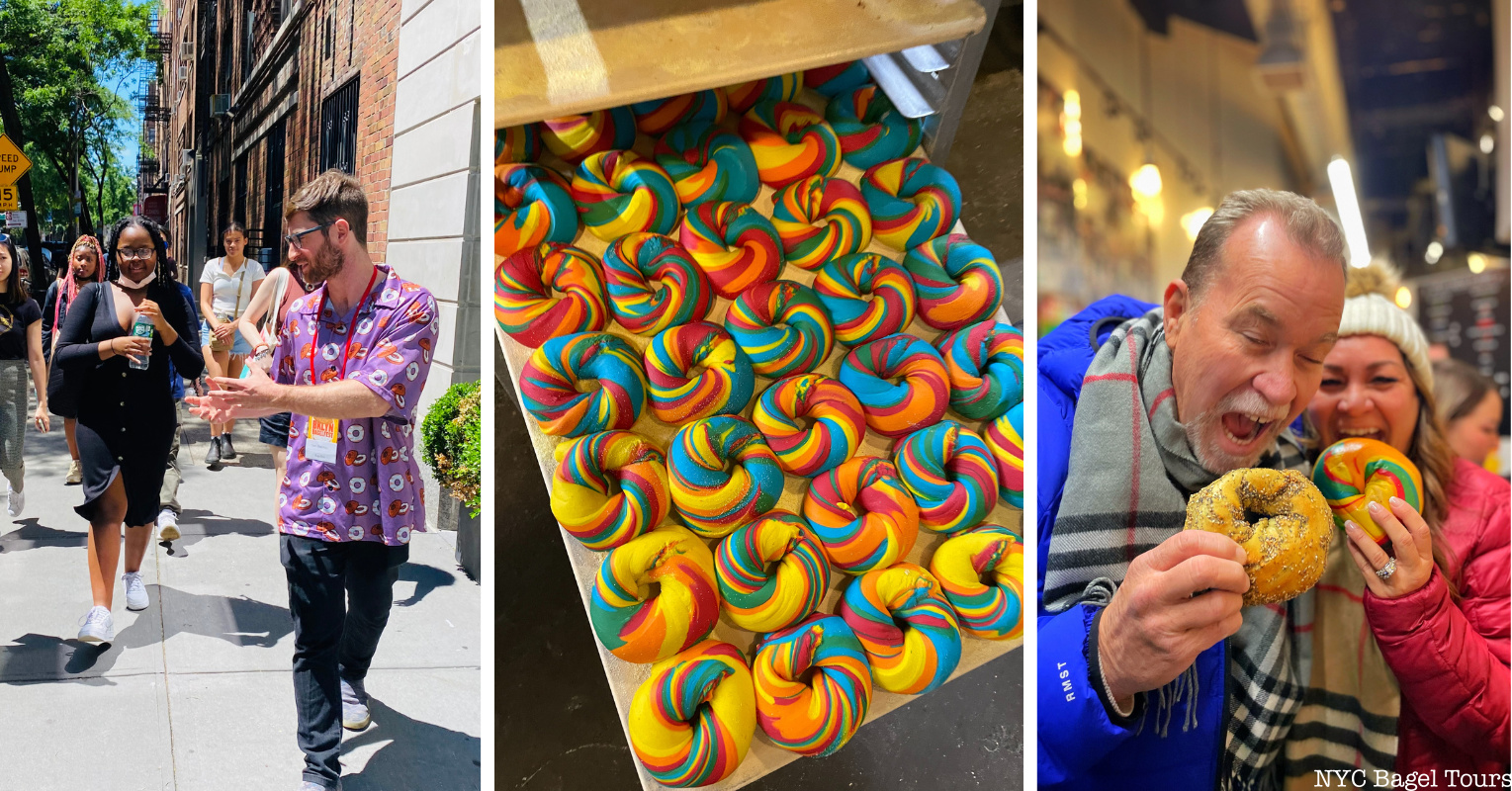 A tray of rainbow bagels and candid photos of people on a bagel tour