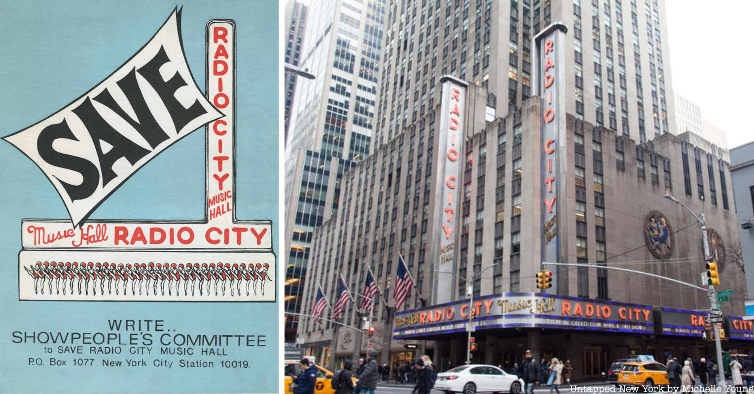 Radio City Music Hall and a poster for the Showpeople's Committee to save Radio City from demolition